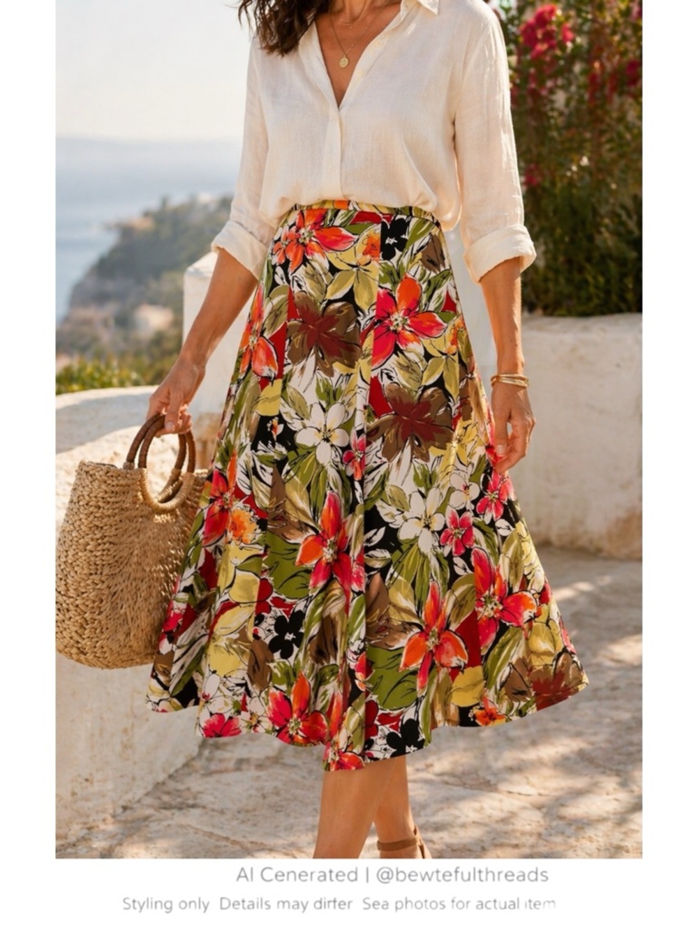 Silk Tropical Floral Midi Skirt Petite A-Line Resort Chic
